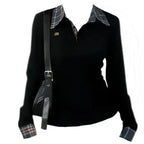 Polo Neck Plaid Patchwork Embroidery T Shirts Spring Autumn Fake Two-piece Slim High Street Tops Fashion Casual Women Clothing - Matrix-studios.com