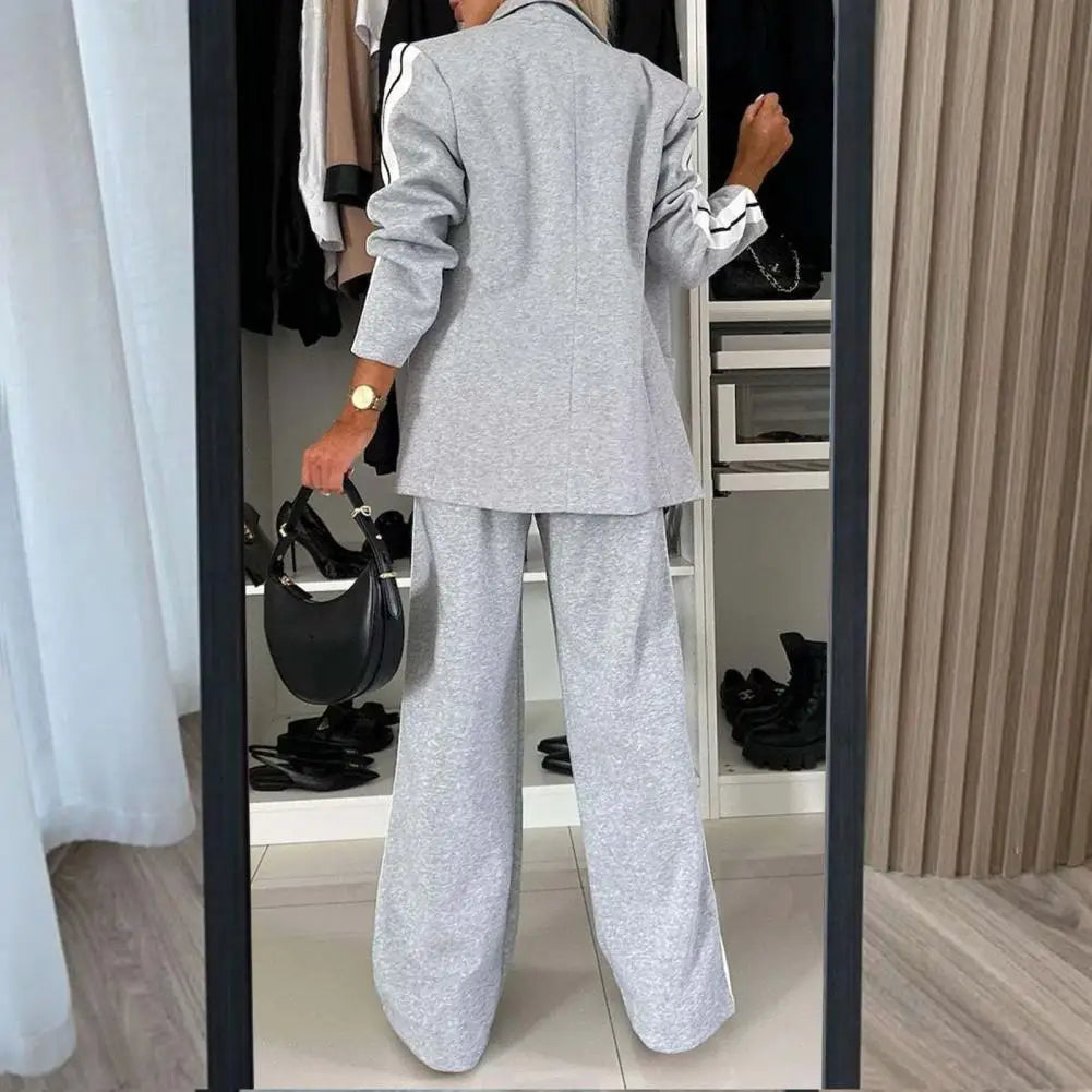 2 Pcs/Set Lady Formal Coat Pants Set Turn-down Collar Single-breasted Long Sleeves Jacket Loose Striped Wide Leg Trousers Casual - Matrix-studios.com