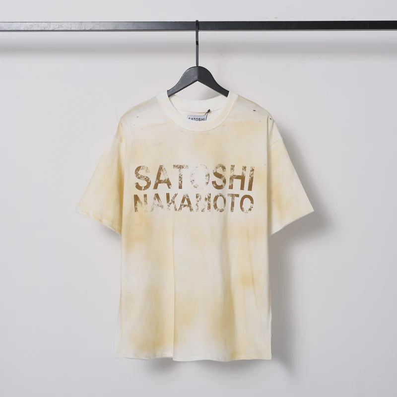 Fading Letter Print Hole SATOSHI Tshirts Breathable Cotton Round Neck Short Sleeve Summer Street Casual Tops Men Women White Tee - Matrix-studios.com