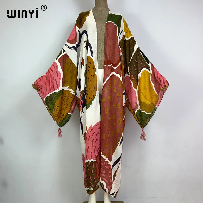 2023 WINYI New Cotton Feeling Bikini Cover-ups Bohemian Print Front Open Long Kimono Kaftan Beach Cover Ups for Swimwear Dresses - Matrix Studios