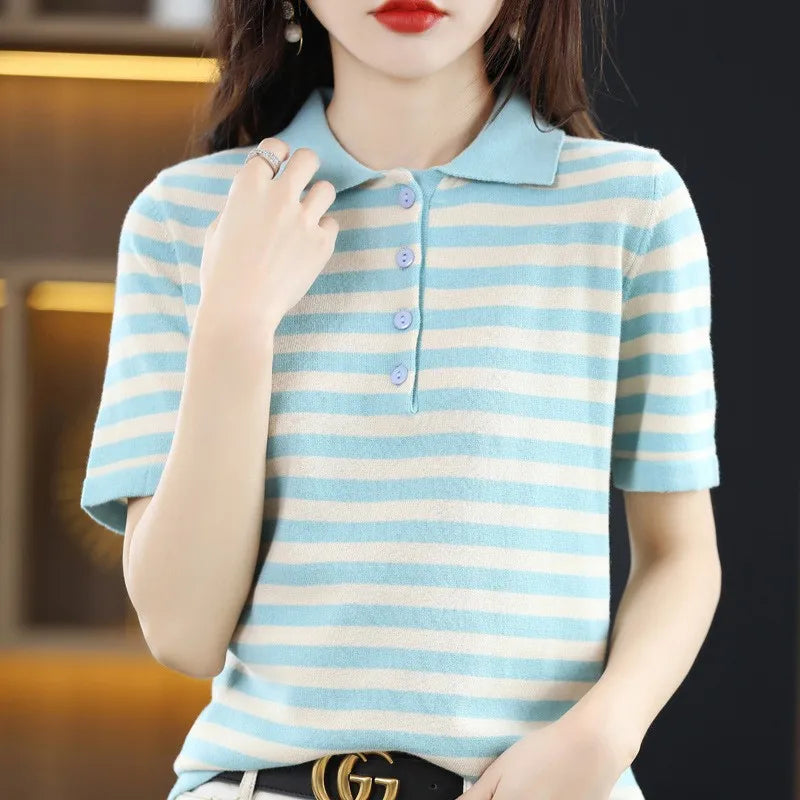 Summer 100% Cotton T-shirt Women Striped Clothing Korean Style POLO Neck Short Sleeve T-shirts Woman Fashion Casual Basic Tops - Matrix-studios.com