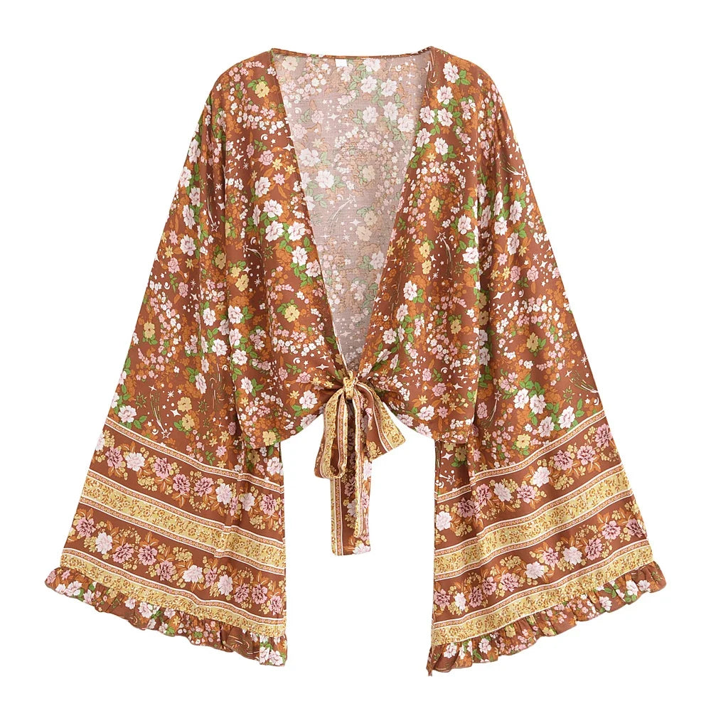 Boho Queens Women Wild Star and Moon Floral Beach Summer Short Kimono Ruffles Flare Sleeve Vacation Bohemian Bikini Cover-ups - Matrix Studios