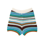 Women Patchwork Striped Hollow Out Crochet Knitted Crop Sweater Shorts Set Short Sleeve Polo Collar Sweater Knit Shorts Suit Y2K - Matrix-studios.com
