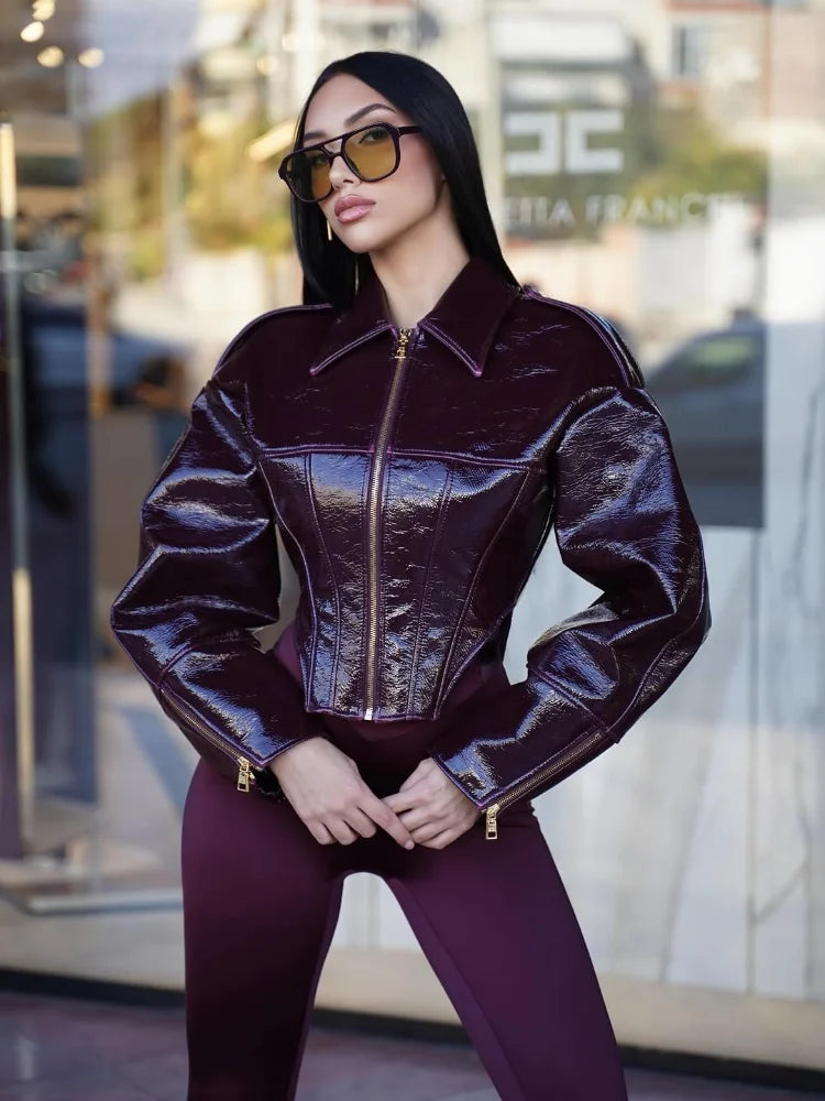 Women Retro Cinched-waist Coated Leather Jacket Casual Lapel Full Sleeve Zipper Fishbone Coats 2026 Lady Daily High Street Coat - Matrix Studios