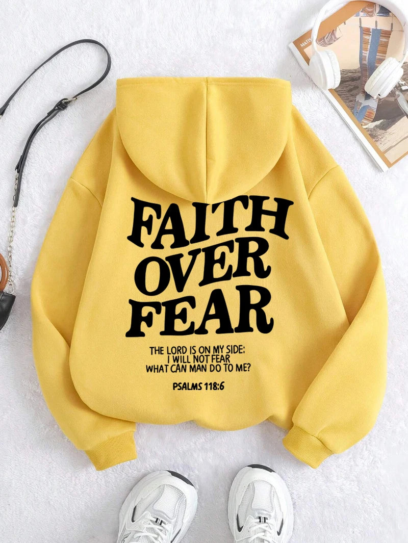 Casual Women's Hoodies Faith Over Fear Letter Printing Sweatshirts Fleece Warm Comfortable Pocket Pullovers Autumn Streetwear - Matrix Studios
