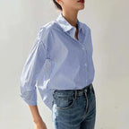 Women Spring Summer Blouses Shirts Lady Fashion Casual Long Sleeve Turn-down Blue Stripes Blusas Tops - Matrix-studios.com