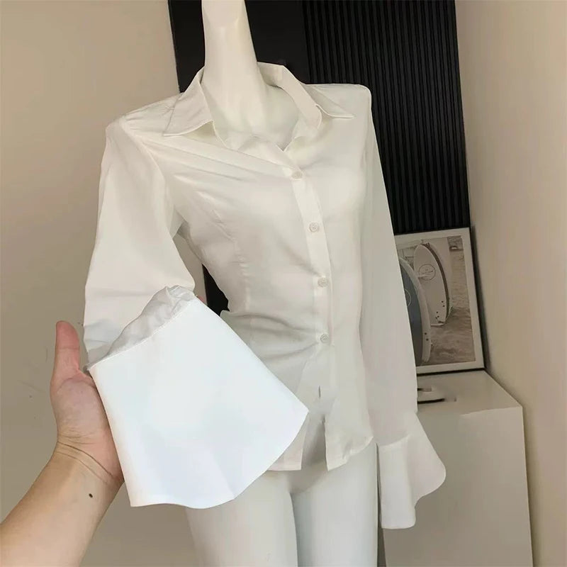 Fashion Lace Up Women Shirts Korean Slim Bell Sleeve White Blouse Spring New Streetwear All Match Ladies Button Tops - Matrix-studios.com