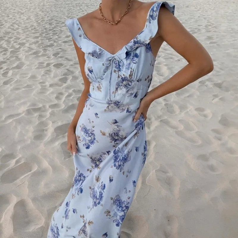 Summer Flower Printed Women's Sexy Low-cut Dress Sleeveless Backless Slim Sling Dresses 2025 Beach Vacation Lady Vestidos - Matrix-studios.com