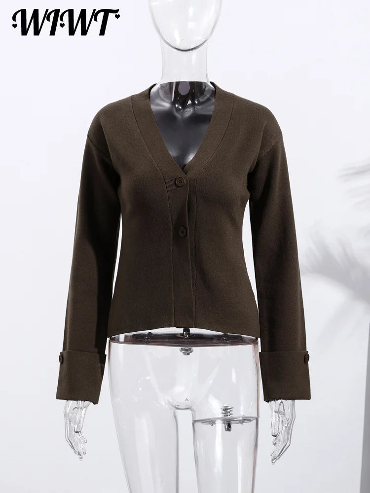 Knitted V-neck Single Breasted Cardigans Women's Slim Buttons Design Full Sleeve Sweater Coat 2025 Autumn New Female Chic Tops - Matrix Studios
