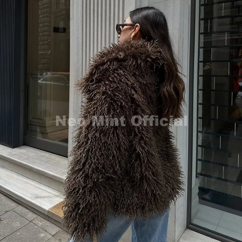 Neo Mint 2025 Winter Lulicore Fashion Brown Faux Fur Coat Women Chic Autumn Warm Fluffy Sheep Fur Jacket Big Fur Collar Overcoat - Matrix Studios