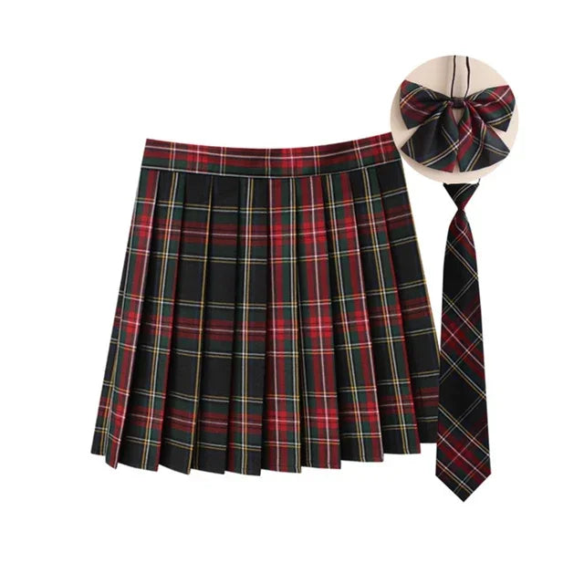 Women Summer Plaid Pleated Skirt With Necktie Bowtie Korean Jk Skirt Uniform Japanese School Preppy A Line Mini Skirts - Matrix-studios.com