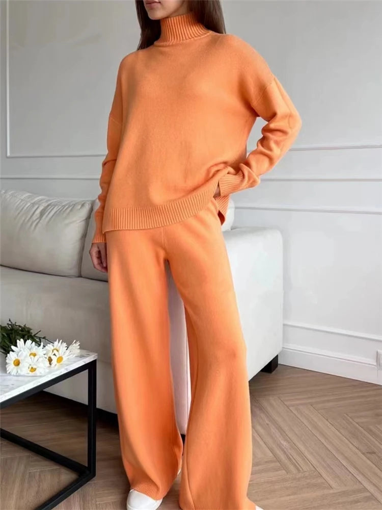 Autumn Winter 2 Pieces Women Sets Knitted Tracksuit Turtleneck Sweater and Straight Jogging Pants Suits - Matrix-studios.com