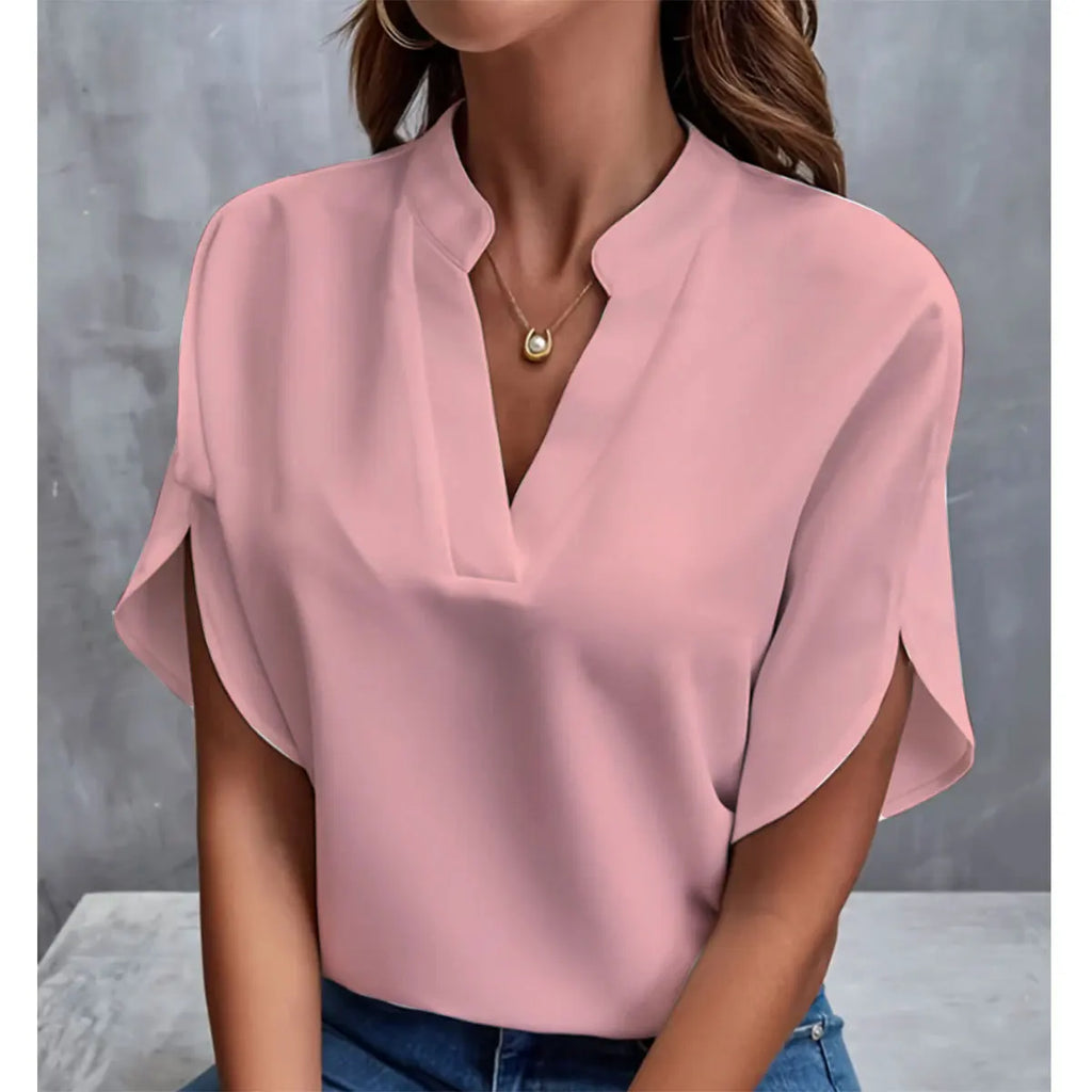 Women Elegant Solid V Neck Blouse Casual Short Sleeve Loose Shirt Summer Solid Tops Harajuku Office Ladt Chiffon Blouse 2026 New - Matrix-studios.com