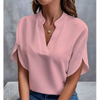 Women Elegant Solid V Neck Blouse Casual Short Sleeve Loose Shirt Summer Solid Tops Harajuku Office Ladt Chiffon Blouse 2026 New - Matrix-studios.com