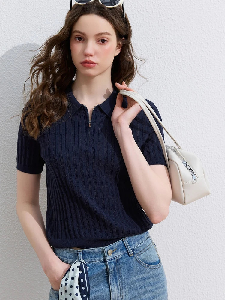 2026 Summer New Elegant Women T-shirt Hollow Jacquard Polo Collar Knit Top Women Slim Figure Flattering Versatile Tee - Matrix-studios.com
