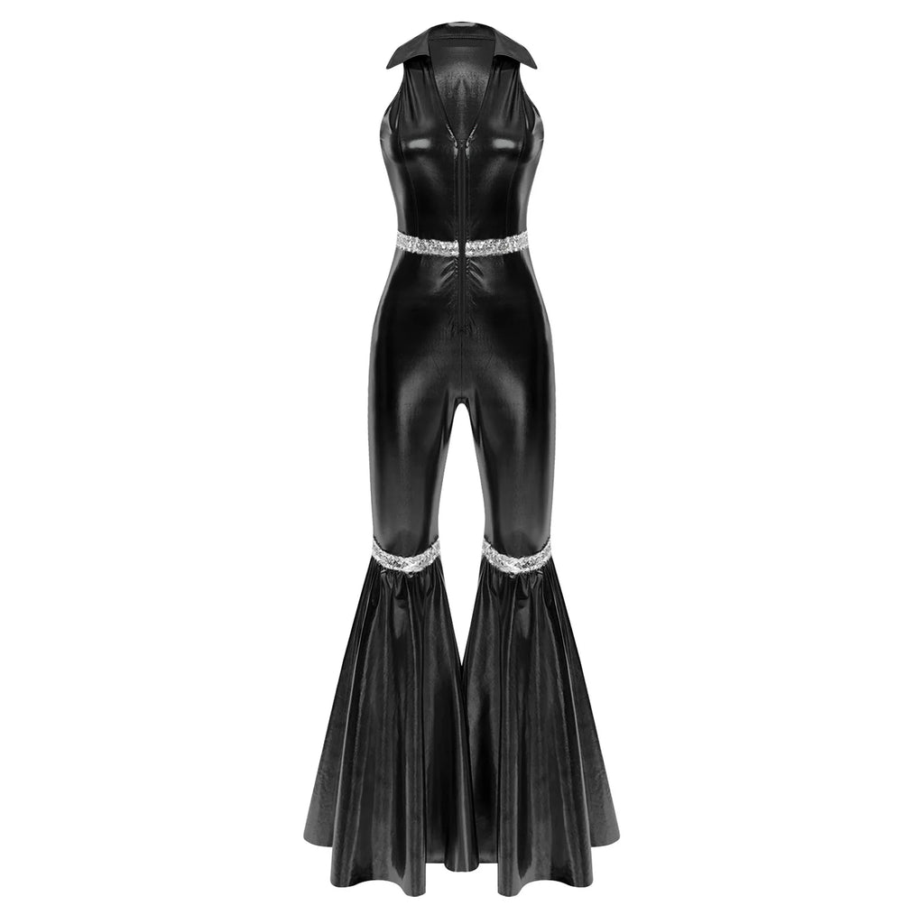 Adult Womens 70s Disco Rompers Lapel V Neck Sleeveless Front Zipper Sequins Bell Bottom Long Pants Jumpsuit Retro Jazz Dancewear - Matrix Studios