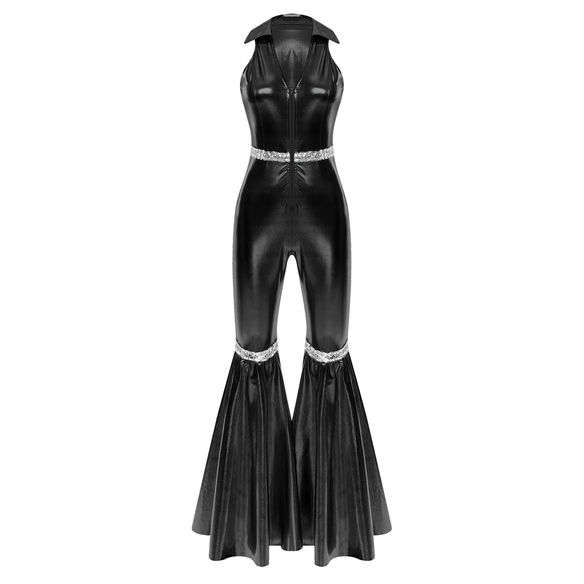 Adult Womens 70s Disco Rompers Lapel V Neck Sleeveless Front Zipper Sequins Bell Bottom Long Pants Jumpsuit Retro Jazz Dancewear - Matrix Studios