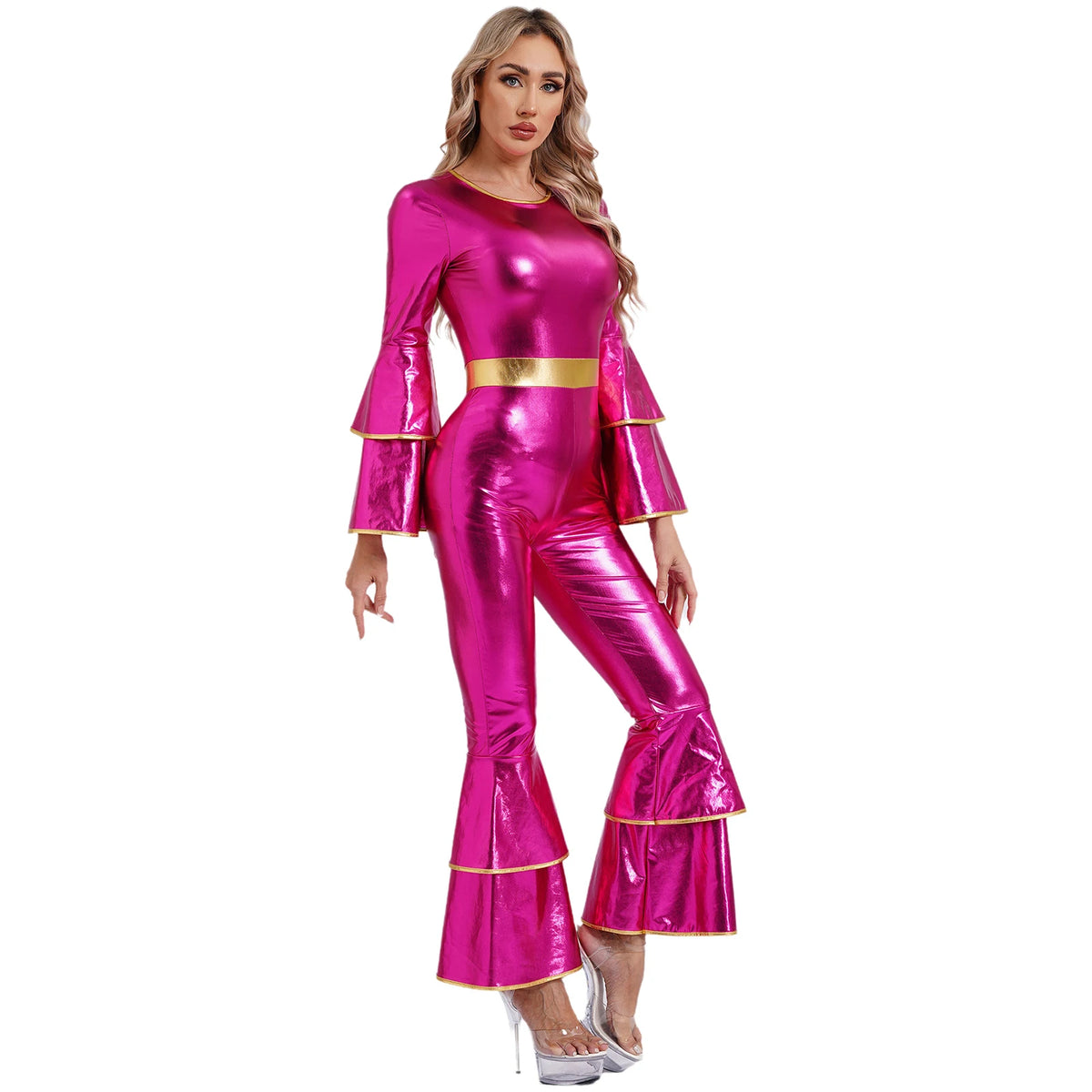 Womens 70S Disco Vintage Jumpsuit Metallic Shiny Flare Sleeve Bodysuit Hippie Bell Bottom Jazz Dance Carnival Rave Party Costume - Matrix Studios