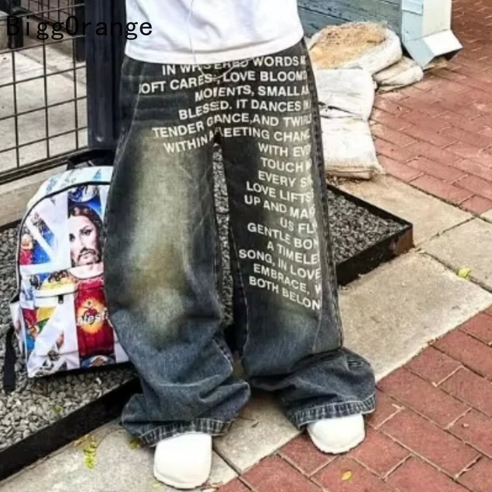2025 American Fashion Jeans Letter Printing Pattern High Street Casual Wide Legs Y2K Men's Retro Gothic Trendy Casual Pants - Matrix Studios