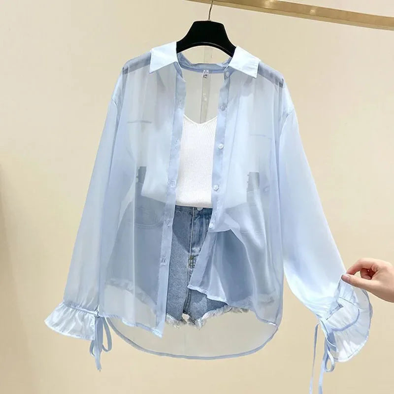 Smvp Chiffon Blouses for Women Summer Thin Loose Button-Up Sunscreen Shirt Woman Korean Fashion Bow Lace-up Long Sleeve Shirts - Matrix-studios.com
