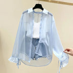 Smvp Chiffon Blouses for Women Summer Thin Loose Button-Up Sunscreen Shirt Woman Korean Fashion Bow Lace-up Long Sleeve Shirts - Matrix-studios.com