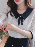 Women's Spring Autumn Style Lace Blouses Shirt Women Peter Pan Collar Solid Color Half Sleeve Elegant Lace Tops SP8676 - Matrix-studios.com