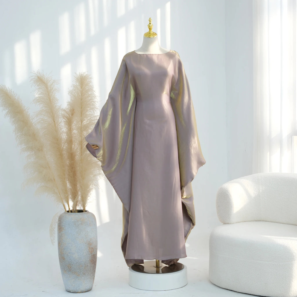 Ramadan Eid Evening Party Shiny Kaftan Dress for Women, Butterfly Sleeves Round Neck Muslim Women Abaya Dubai Islamic Clothing - Matrix-studios.com