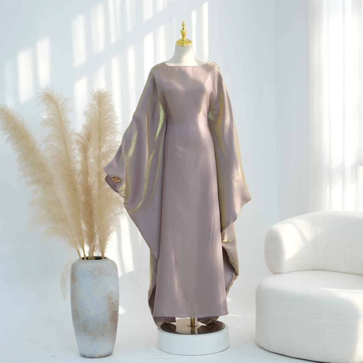 Ramadan Eid Evening Party Shiny Kaftan Dress for Women, Butterfly Sleeves Round Neck Muslim Women Abaya Dubai Islamic Clothing - Matrix-studios.com