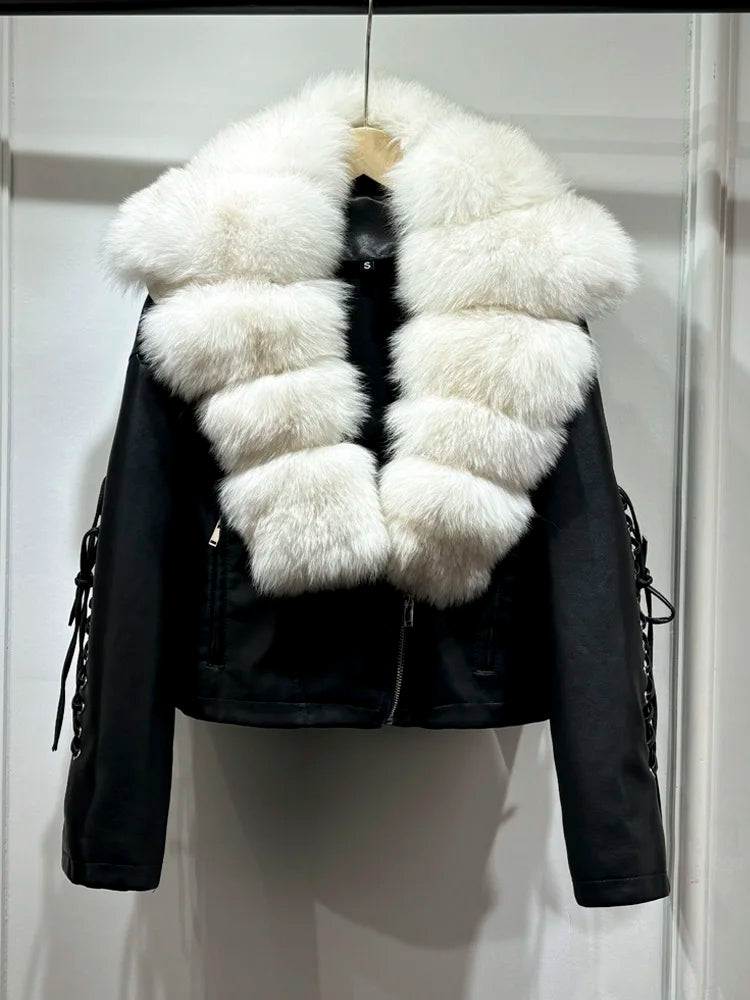 2024 Luxury Autumn Winter Real Natural Fox Fur Collar Washed Leather Coat Women Lace-up Faux Pu Leather Short Tassel Loose Coat - Matrix Studios