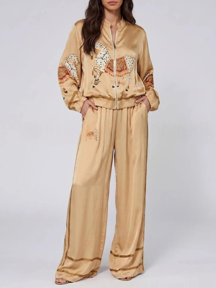 Autumn Animal Print Coat Trousers Suit Women Zipper Casual Long Sleeve Female Coats Satin 2 Pieces Set High Waist Pant Lady Sets - Matrix-studios.com