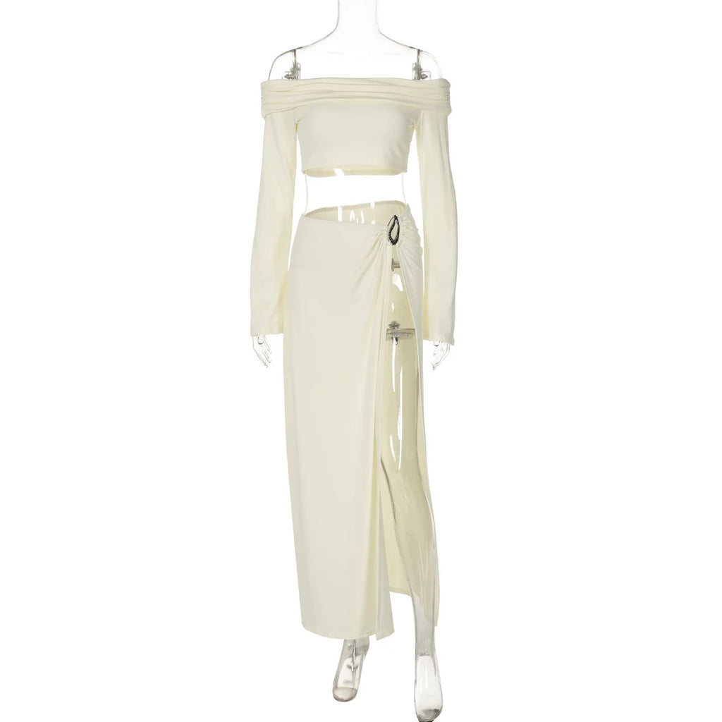 Women's Solid Beach Skirt Sets Sexy High Split Slim Bohemian Outfits Off The Shoulder Holiday Fashion 2 Piece Set 2025 Beachwear - Matrix-studios.com