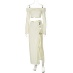 Women's Solid Beach Skirt Sets Sexy High Split Slim Bohemian Outfits Off The Shoulder Holiday Fashion 2 Piece Set 2025 Beachwear - Matrix-studios.com