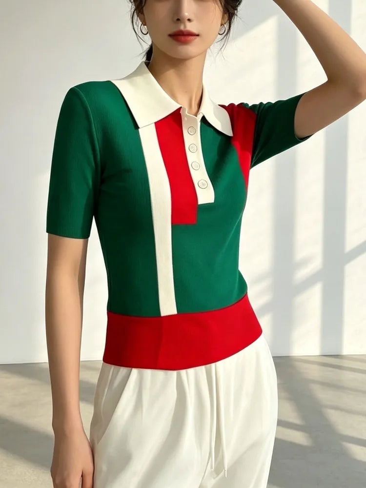 Modigirl Knit Sweater Tops for Women 2025 Casual Contrast Color Buttoned Skinny Short Sleeves Polo Tee Shirts Woman Clothes - Matrix-studios.com