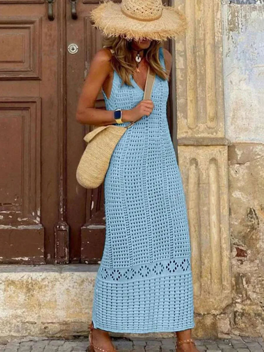 S - XL 2025 V Neck Hollow Out Crochet Knitted Tunic Beach Cover Up Long Cover-ups Beach Dress Beach Wear Beachwear Female Women - Matrix Studios