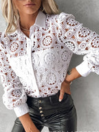 Lace Blouses For Women Elegant Office White Shirt Long Sleeve Button Turn-down Collar Sexy Hollow Tops Fashion Women's Clothing - Matrix-studios.com