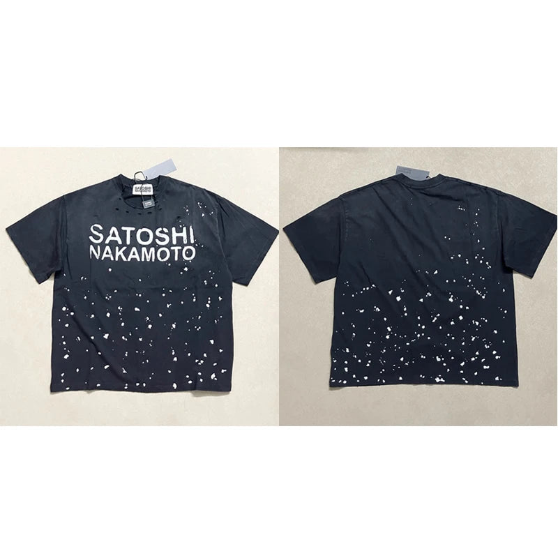 Ripped Hole Satoshi Nakamoto T-shirt High Quality Splash-ink Pattern Short Sleeve Retro Casual Loose Round Neck T Shirts - Matrix-studios.com