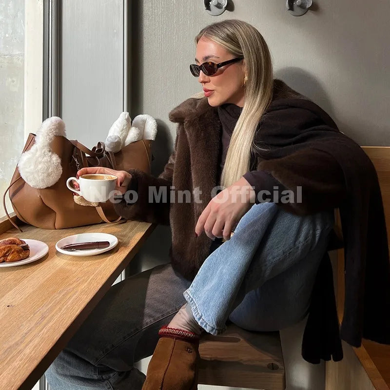 Neo Mint Cool Street Girls Fashion Brown Faux Fur Jacket Women Luxury Fake Mink Fur Coat 2025 Autumn Winter Warm Short Overcoat - Matrix Studios