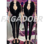FAGADOER Winter New Sexy Fur Patchwork Bodycon Jumpsuits Woman Halter Deep V-neck Sleeveless Rompers Female Streetwear Overalls - Matrix Studios