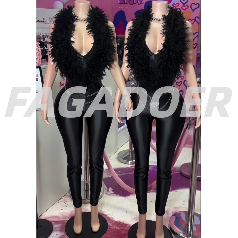 FAGADOER Winter New Sexy Fur Patchwork Bodycon Jumpsuits Woman Halter Deep V-neck Sleeveless Rompers Female Streetwear Overalls - Matrix Studios