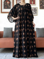 2025 New Loose Floral Dress Short Sleeve Cotton Women Abaya with Big Scarf Boho Maxi Dress Casual Fashion Dress African Vestidos - Matrix-studios.com