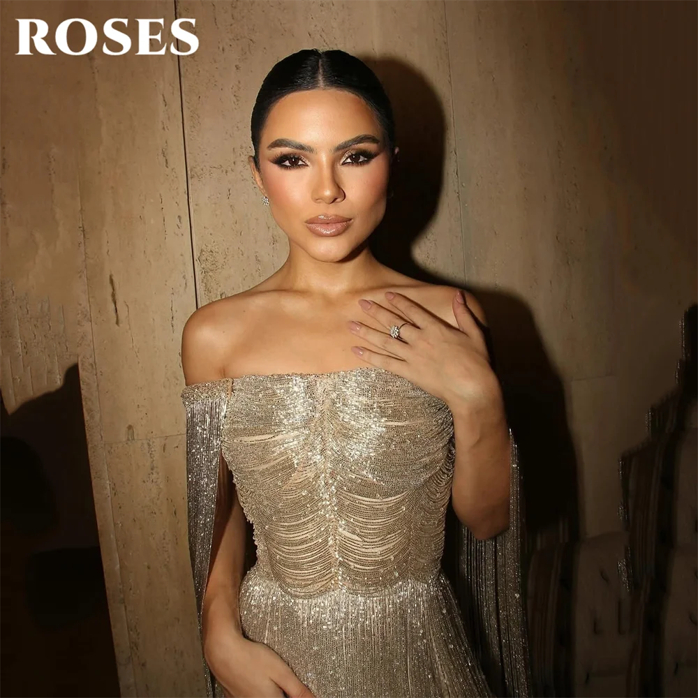 ROSES Gold Luxury Evening Dress Off Shoulder Tassel Party Dresses Cape Sleeve Prom Gown Shiny Mermaid robes du soir Customized - Matrix-studios.com