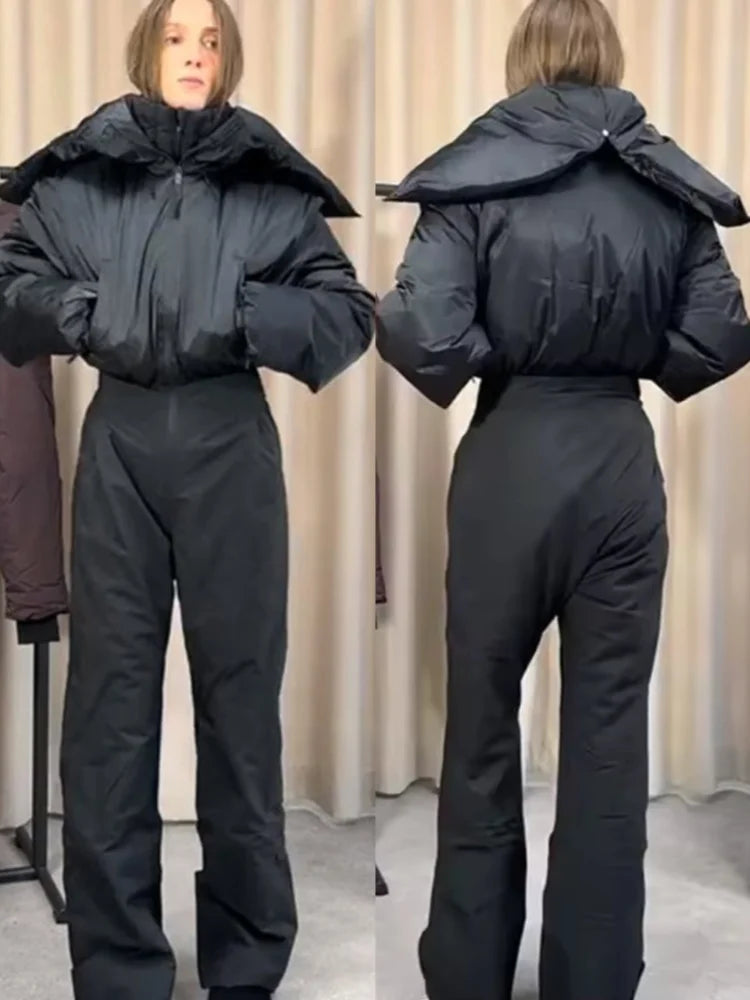 Fashion Hooded One-Piece Ski Jumpsuit Women Stand Collar Zipper High Waist Solid Windproof Outwear 2026 Winter Lady Skiwear New - Matrix Studios