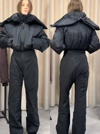 Fashion Hooded One-Piece Ski Jumpsuit Women Stand Collar Zipper High Waist Solid Windproof Outwear 2026 Winter Lady Skiwear New - Matrix Studios