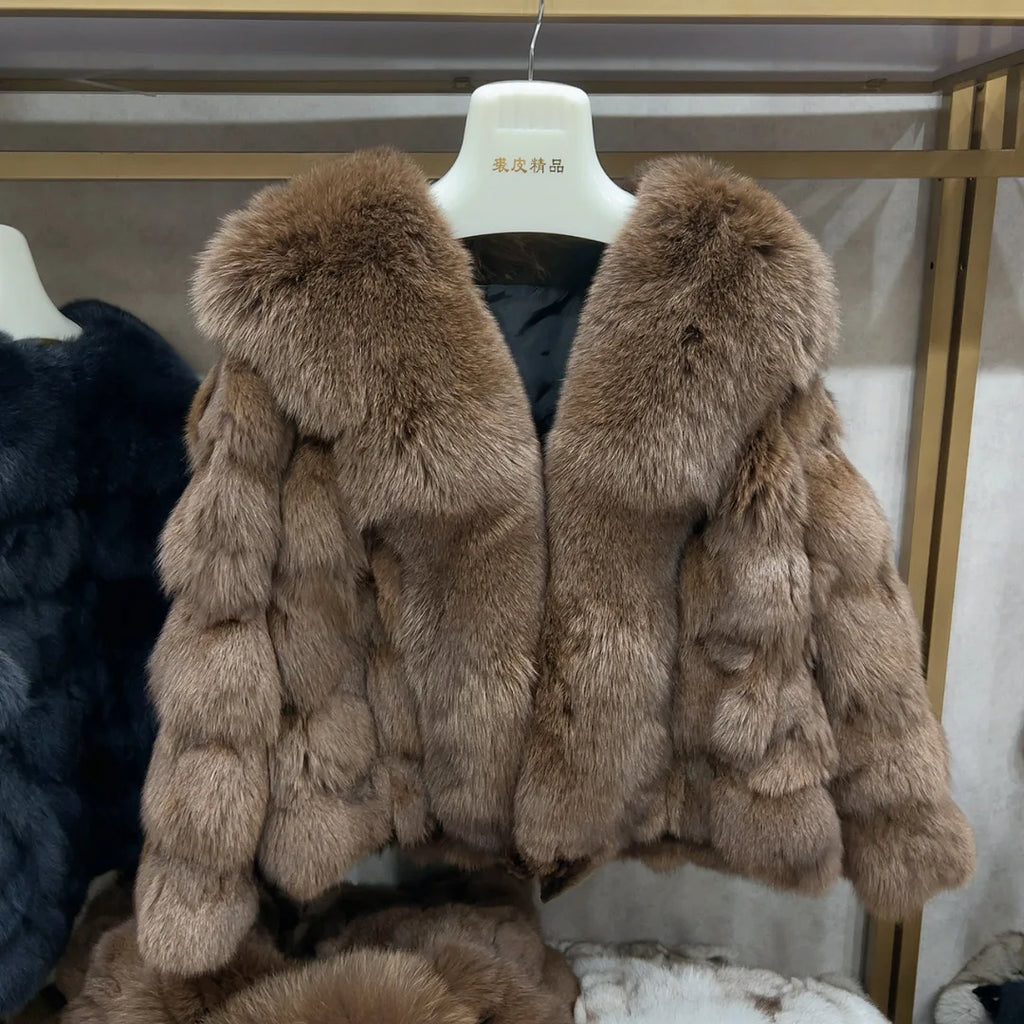 HUA QIU MEI SI Women's Natural Fox Fur Jacket with Fox Collar for Winter Warmth, Short Style Real Fox Fur Leather Jacket - Matrix Studios