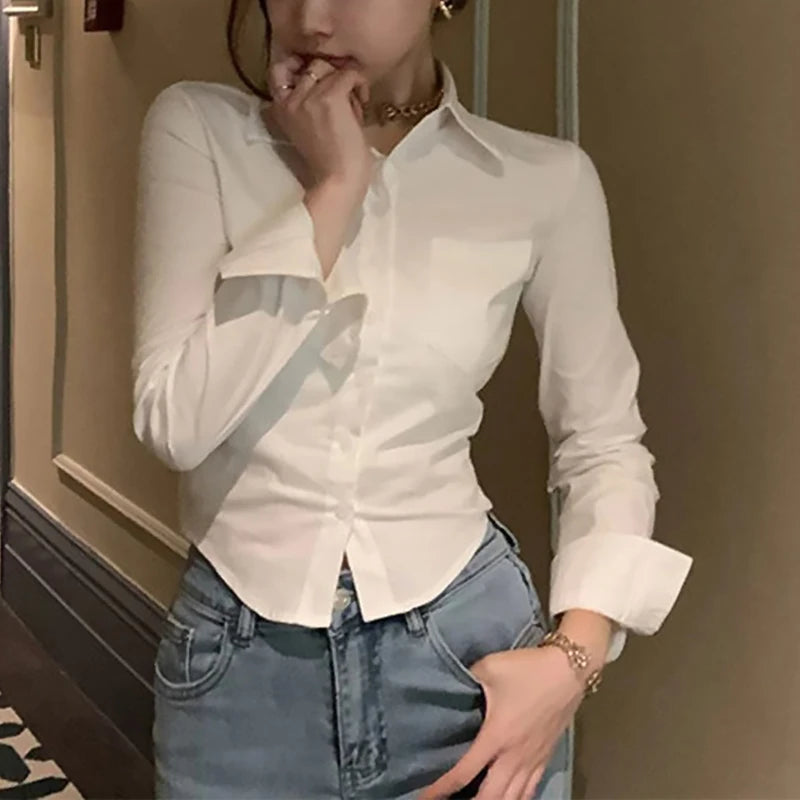 2025 New Female Korean White Office Women Chiffon Shirt Pocket Button Lapel Ladies Blouse Spring Commuter Long Sleeve Crop Tops - Matrix-studios.com