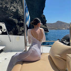 Fashion Women Wrapped Dress Long Sleeve Round Neck See Through Sunscreen Solid Color Backless Beach Long Dress Summer Cover Up - Matrix-studios.com