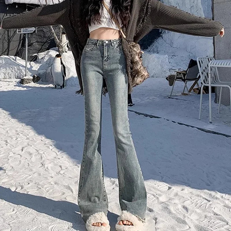 2024 Woman High Waist Vintage Flare Jeans Female Gothic Elastic Bell Bottom Pants Lady Streetwear Blue Black Grey Denim Trousers - Matrix-studios.com