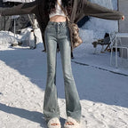 2024 Woman High Waist Vintage Flare Jeans Female Gothic Elastic Bell Bottom Pants Lady Streetwear Blue Black Grey Denim Trousers - Matrix-studios.com