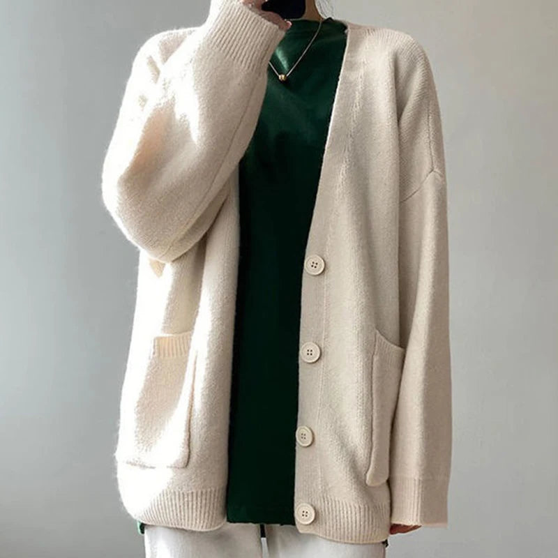 2024 Chic Yellow Sweater Cardigan Women Lazy Wind Single-Breasted Knitted Cardigan Women Solid V Neck Cardigans Female - Matrix Studios