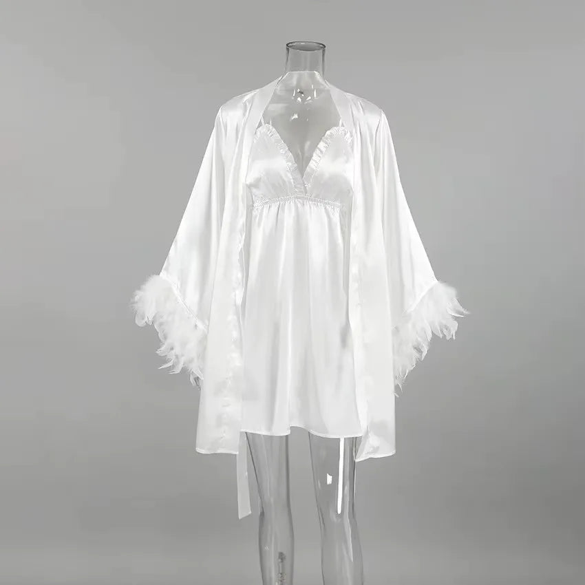Wedding Bride Robe Morning Gown Elegant Feather Female Kimono Bathrobe Gown Sexy Rayon Summer New Sleepwear Nightwear Lingerie - Matrix-studios.com
